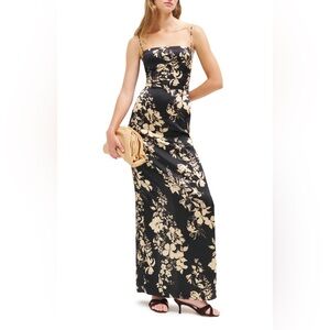 Reformation Black and Cream Floral Slip Midi Dress